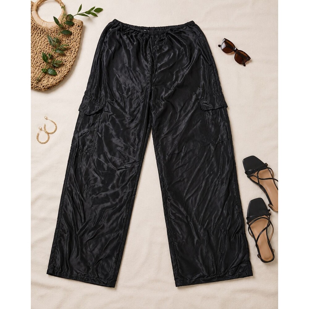 Amelia's Collection 100% Silk Cargo Pants Women's L Black Wide Leg